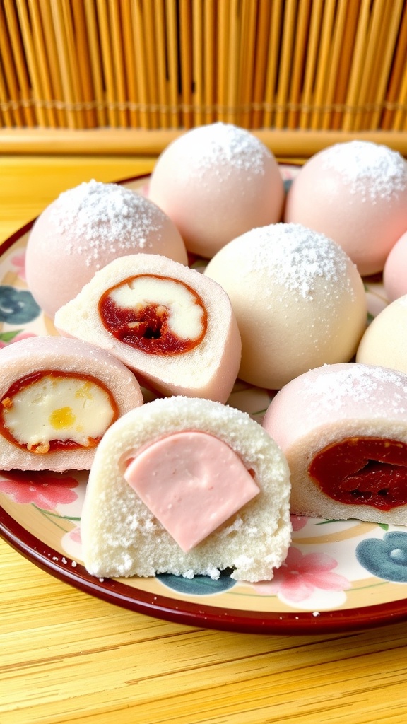 Colorful mochi desserts filled with red bean paste and ice cream, dusted with cornstarch on a decorative plate.